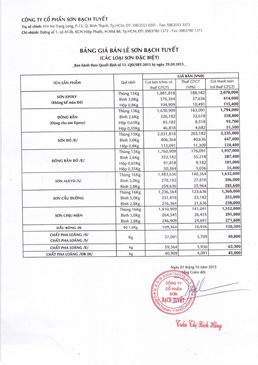Bảng báo giá sơn bạch tuyết mới nhất 2016