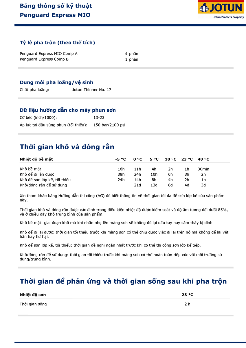 Bảng thông số kỹ thuật sơn Jotun MIO