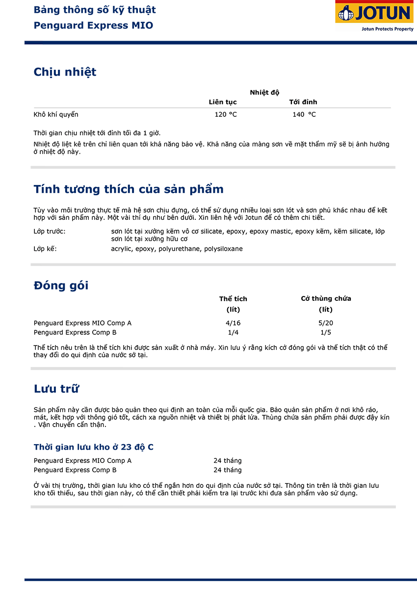 Bảng thông số kỹ thuật sơn Jotun MIO