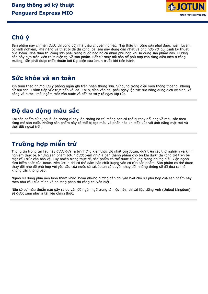 Bảng thông số kỹ thuật sơn Jotun MIO