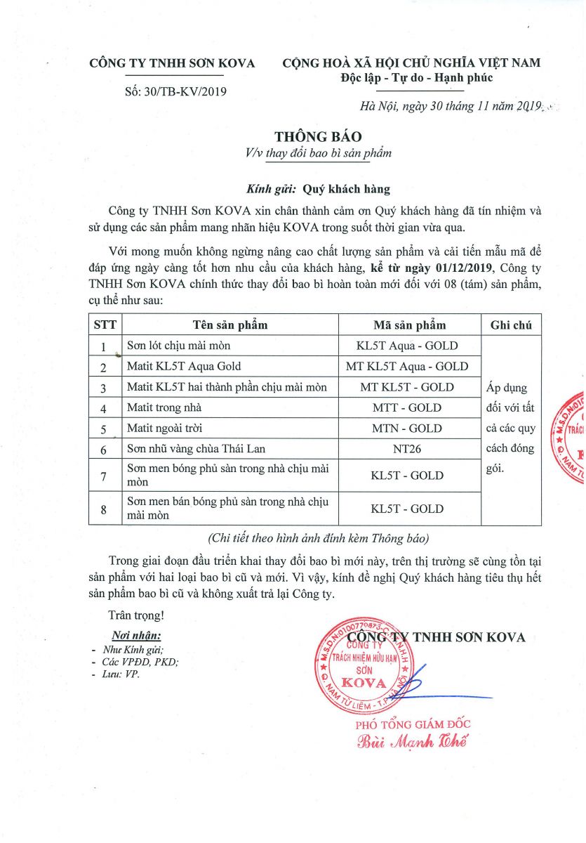 thông báo sơn Kova thay đổi mẫu mã sản phẩm