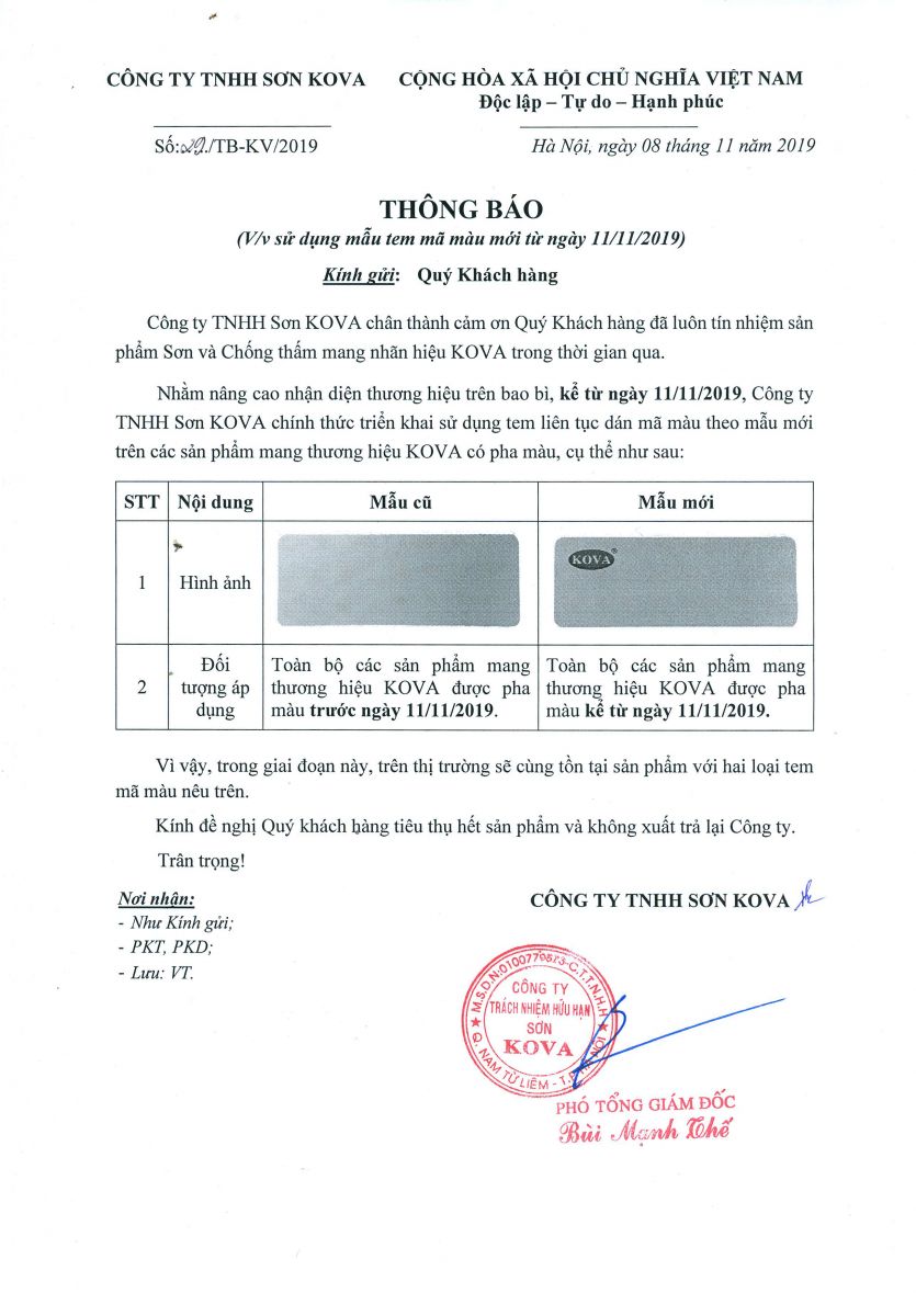 Sơn Kova thay đổi mẫu tem mã màu mới