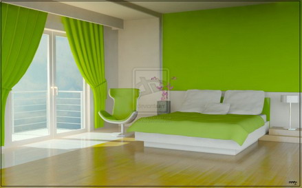 sàn nhà giả gỗ với tường màu xanh