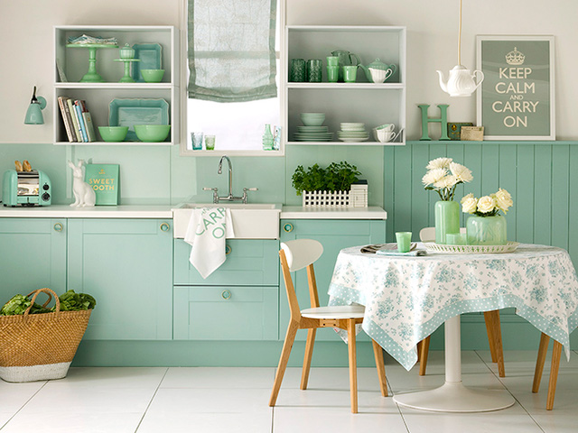 Phòng bếp trang nhã tuyệt đối với gam màu xanh pastel