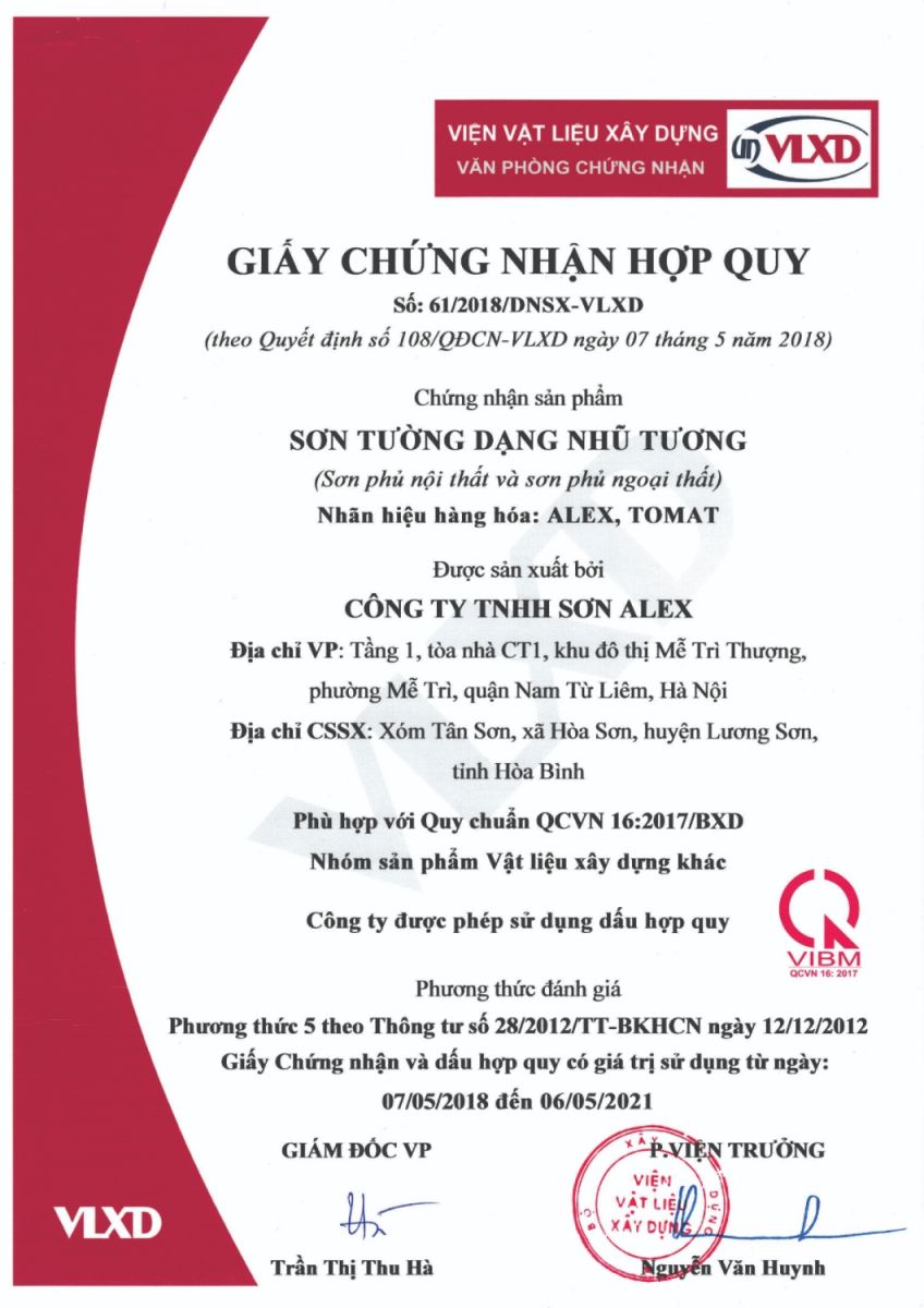 Giấy chứng nhận hợp quy sơn Alex
