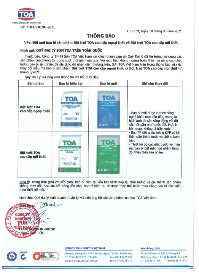 Sơn Toa thay đổi bao bì sản phẩm bột trét