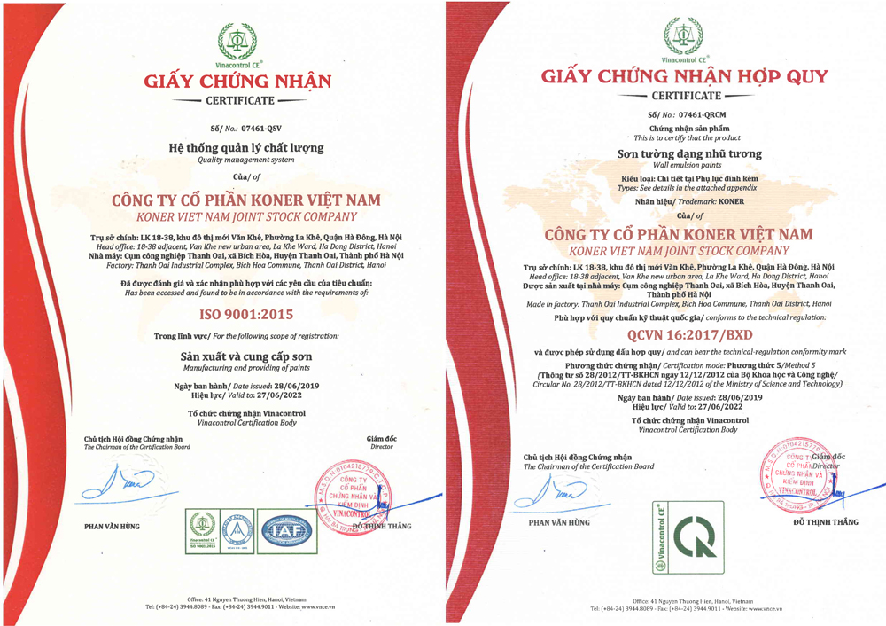 giấy chứng nhận sơn Koner