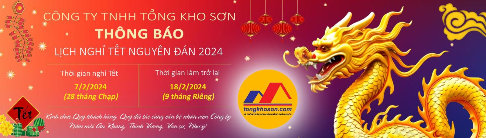 Tổng Kho Sơn thông báo lịch nghỉ tết Nguyên Đán 2024