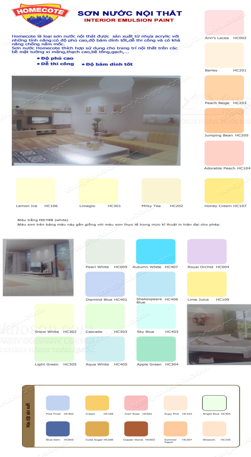 Bảng màu sơn Homecote nội thất
