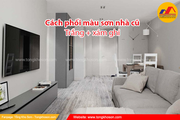 Cách phối màu sơn nhà cũ: trắng + xám